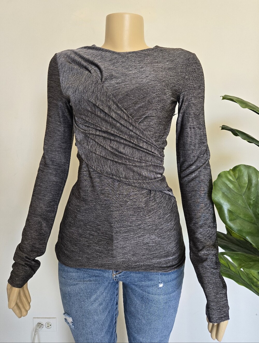 T Alexander Wang Gray Stretch Twisted Faux Wrap Long Sleeve Top Size S